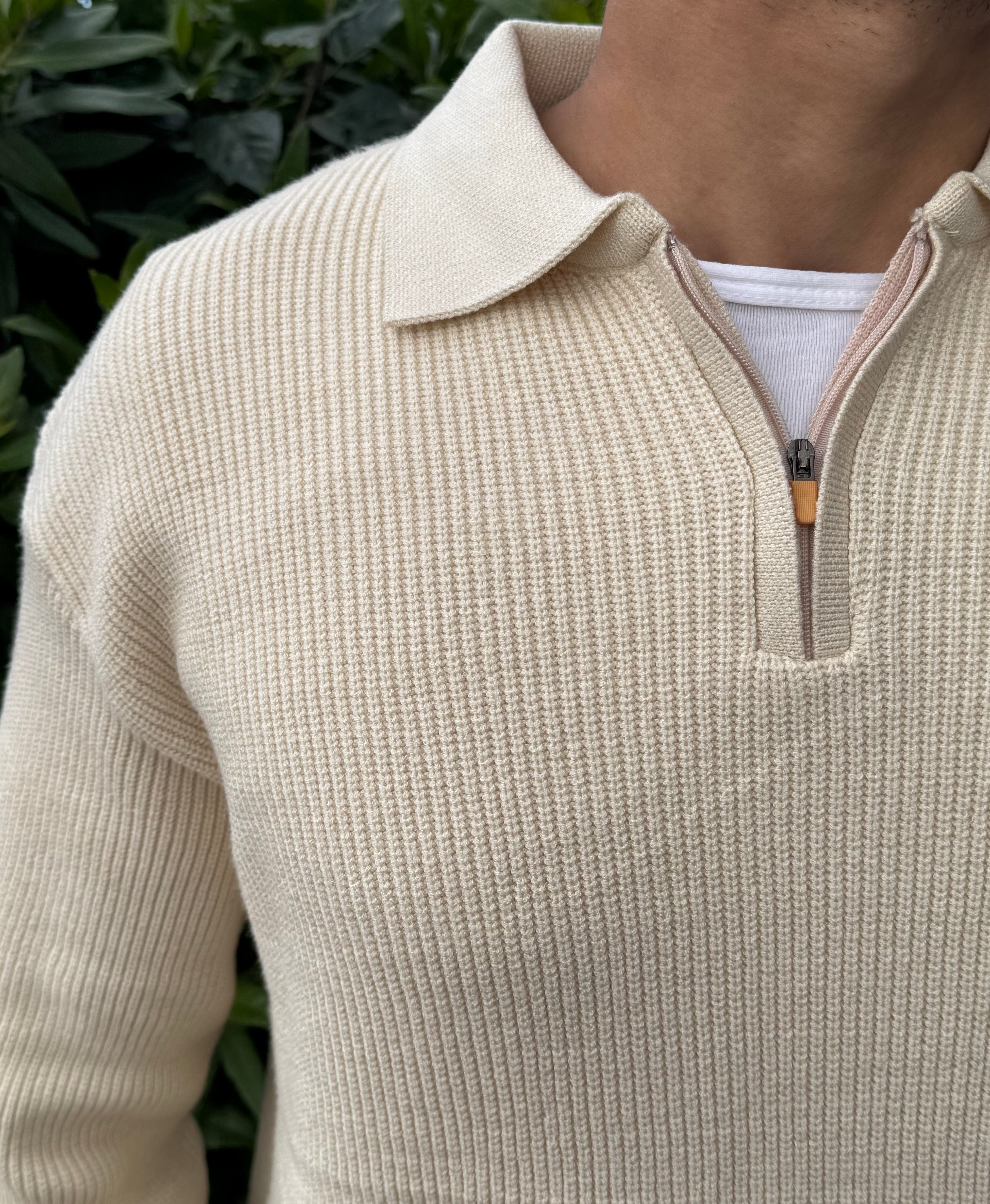 Beige knitted quarter-zip polo