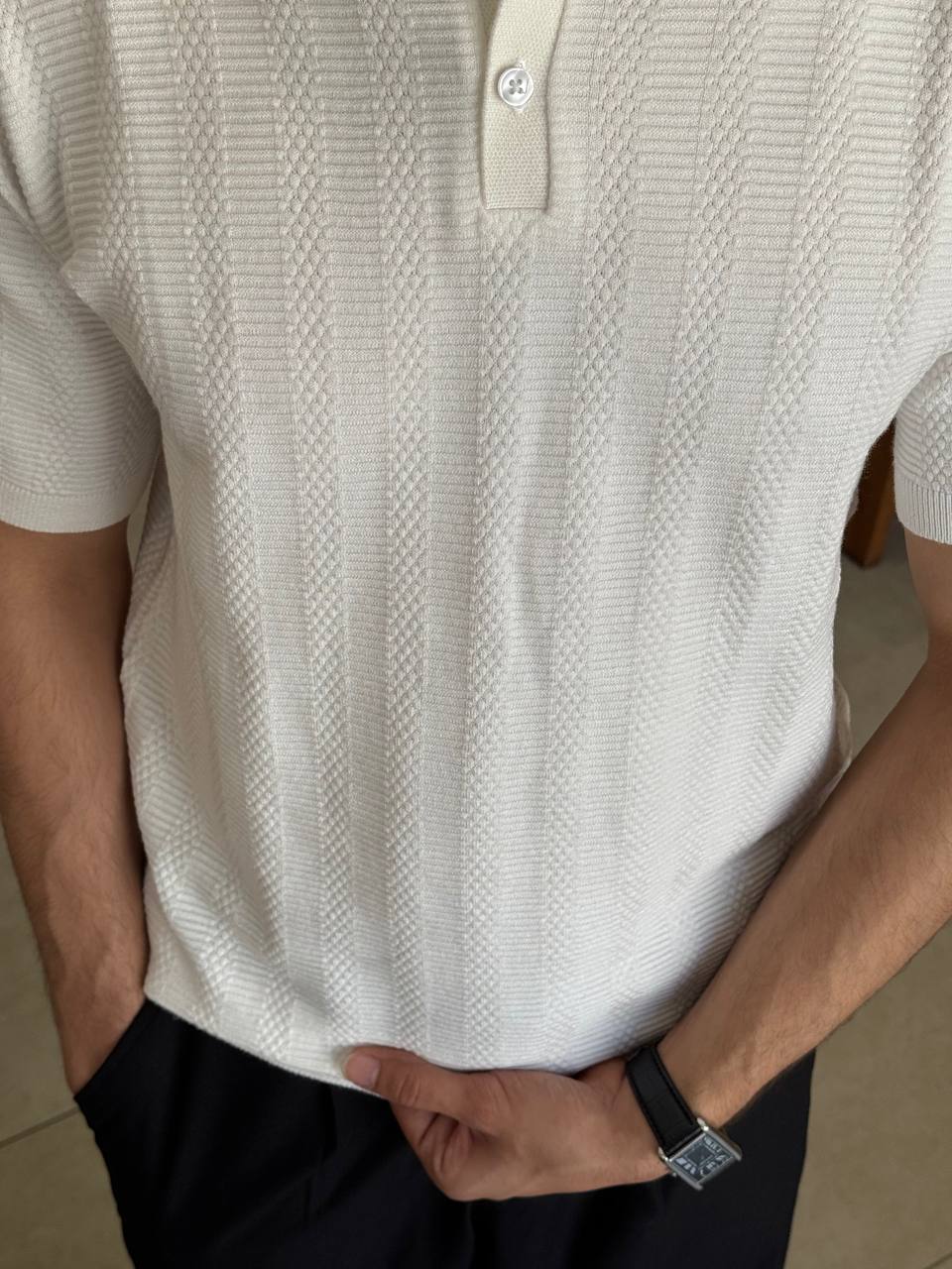 White Textured Knit Polo