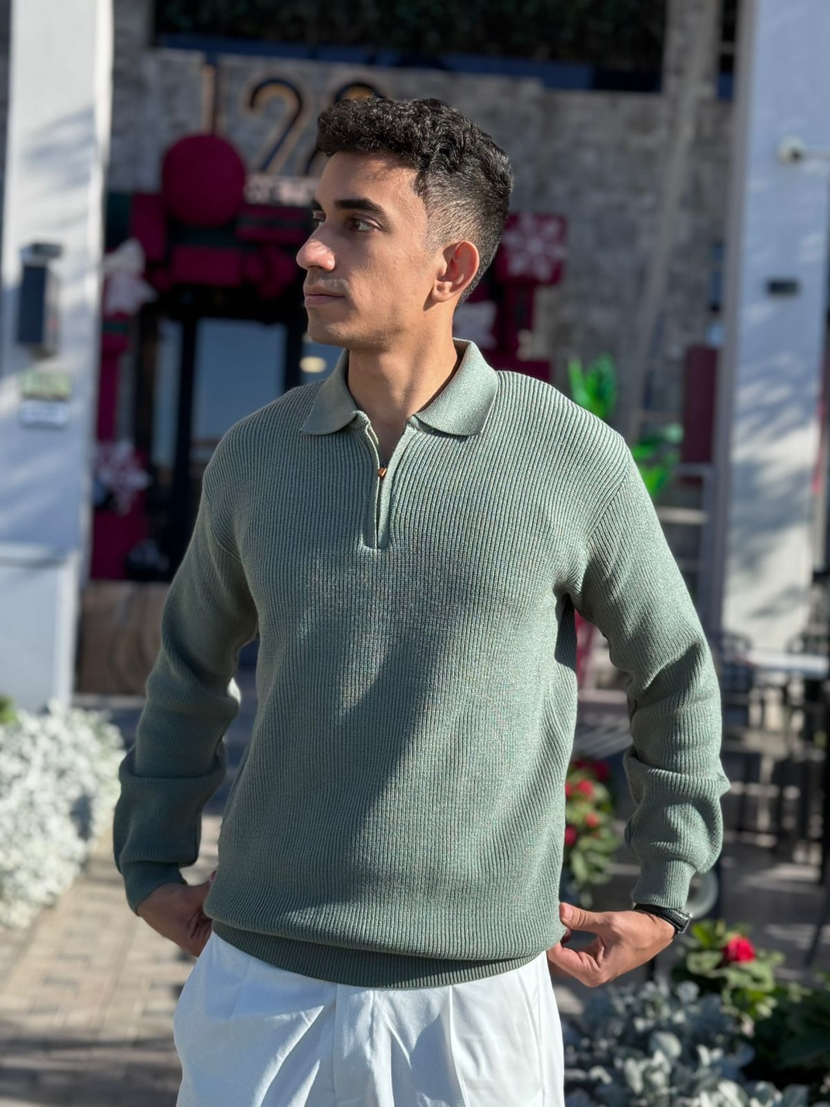 Mint knitted quarter-zip polo