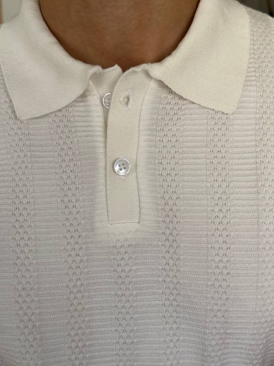 White Textured Knit Polo