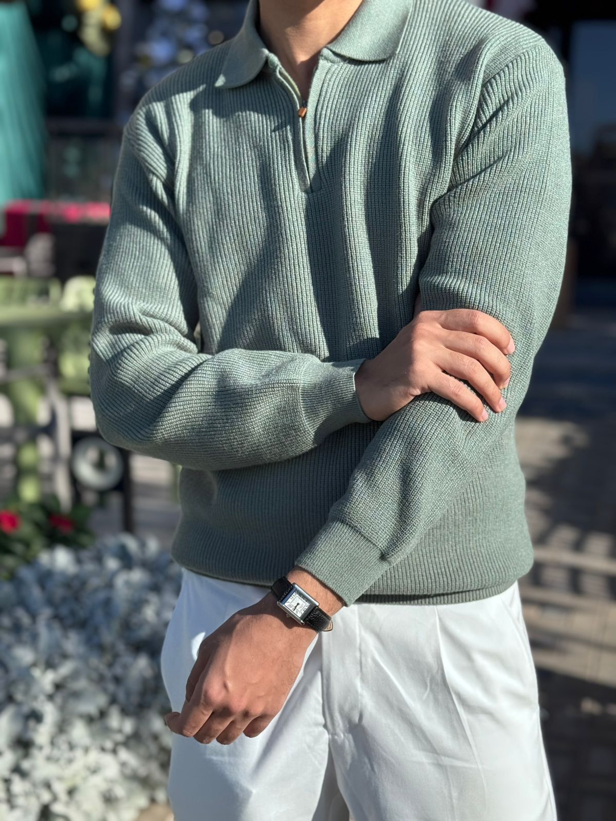 Mint knitted quarter-zip polo
