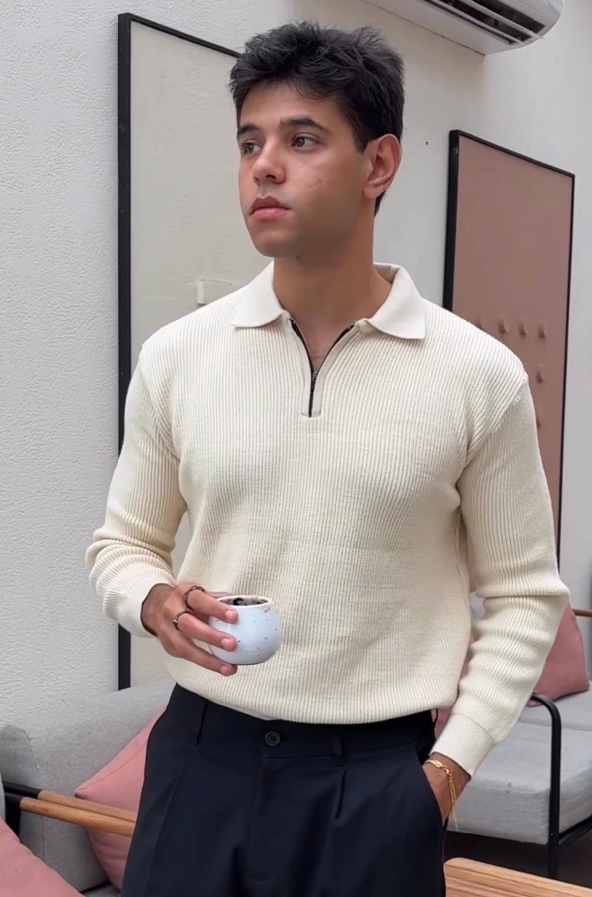 Beige knitted quarter-zip polo