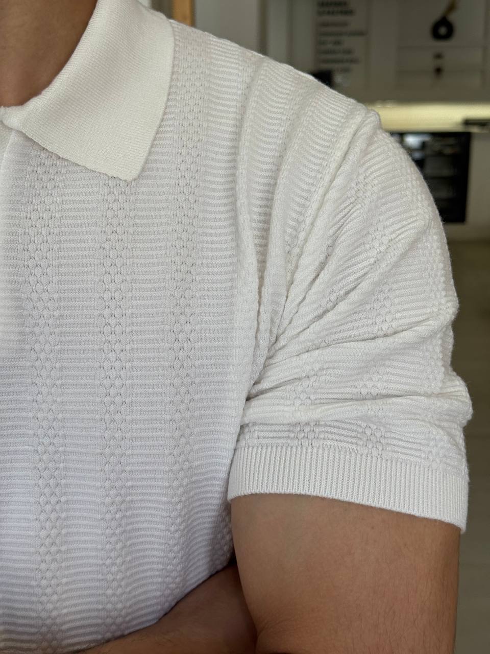 White Textured Knit Polo
