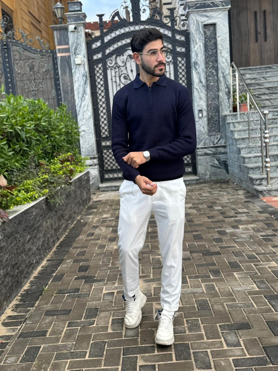 Navy knitted quarter-zip polo