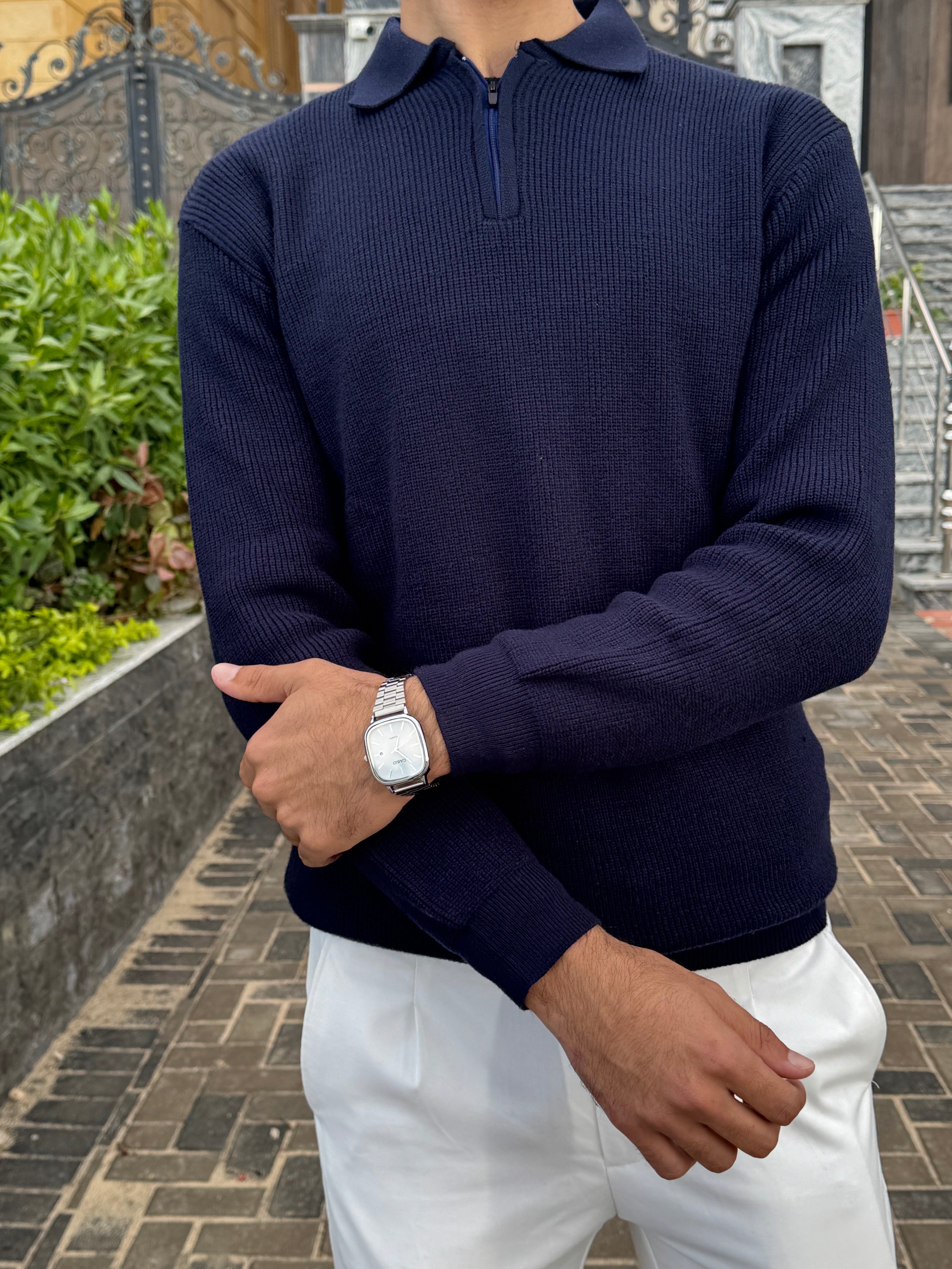 Navy knitted quarter-zip polo