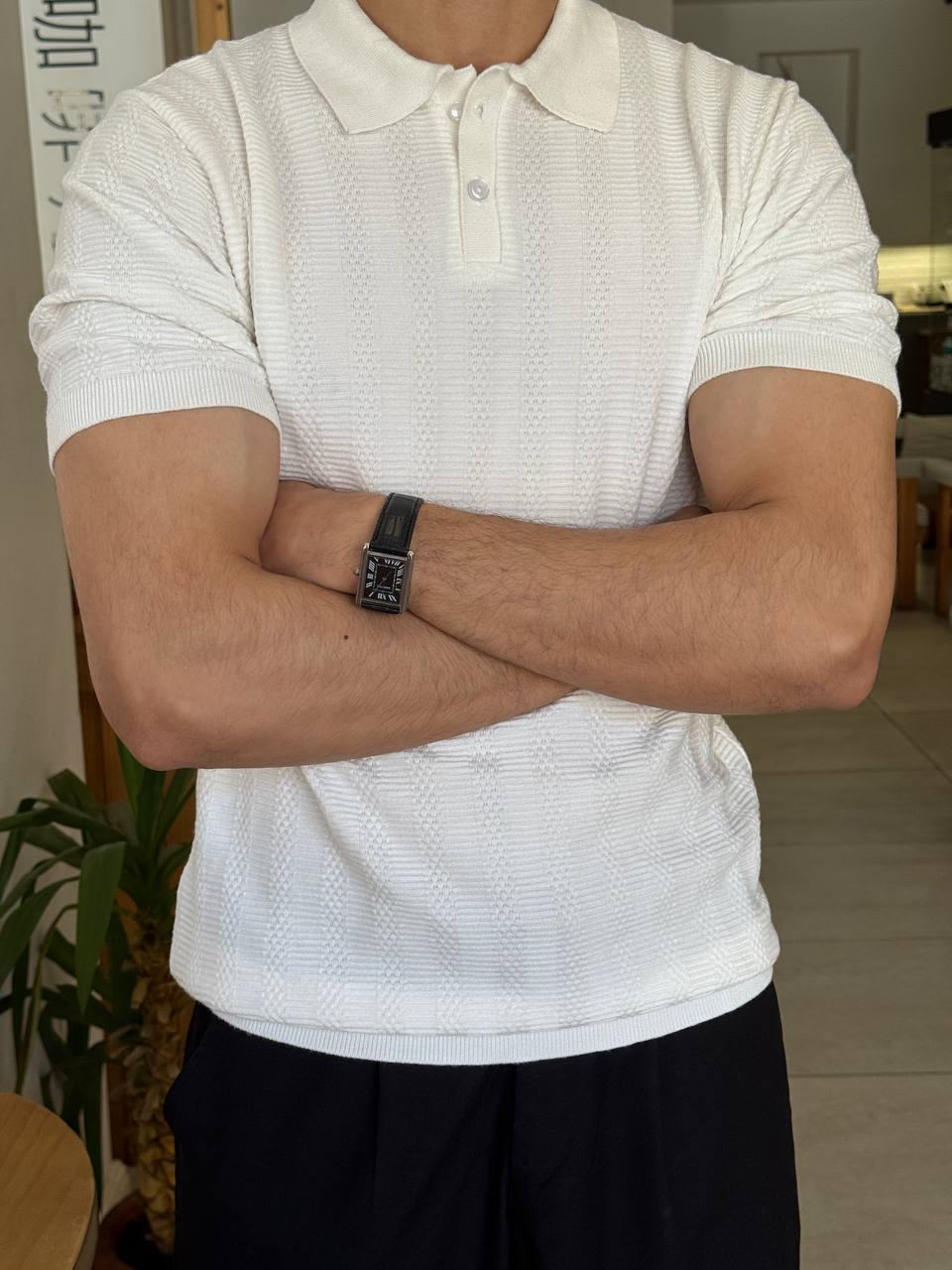 White Textured Knit Polo