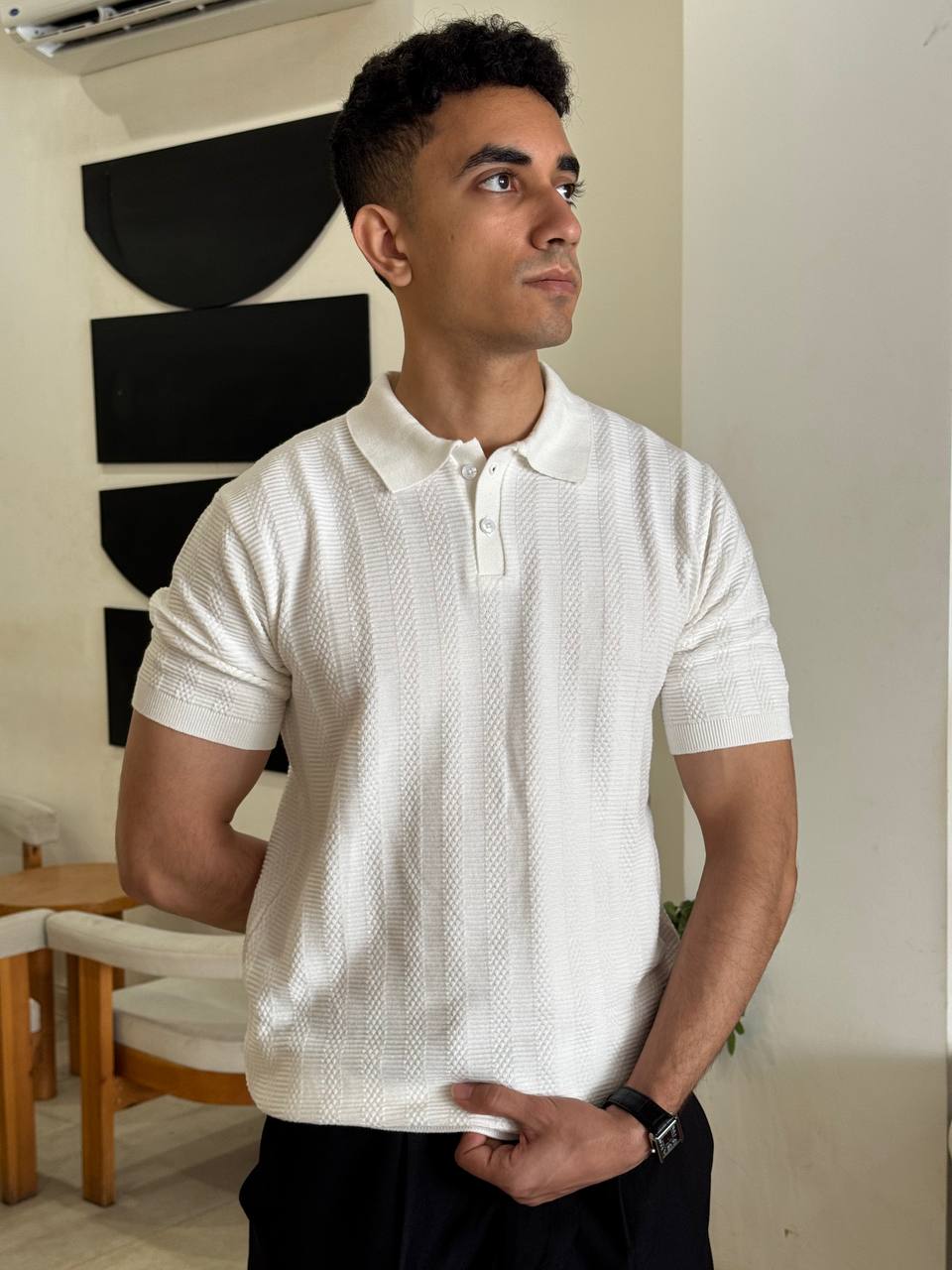 White Textured Knit Polo