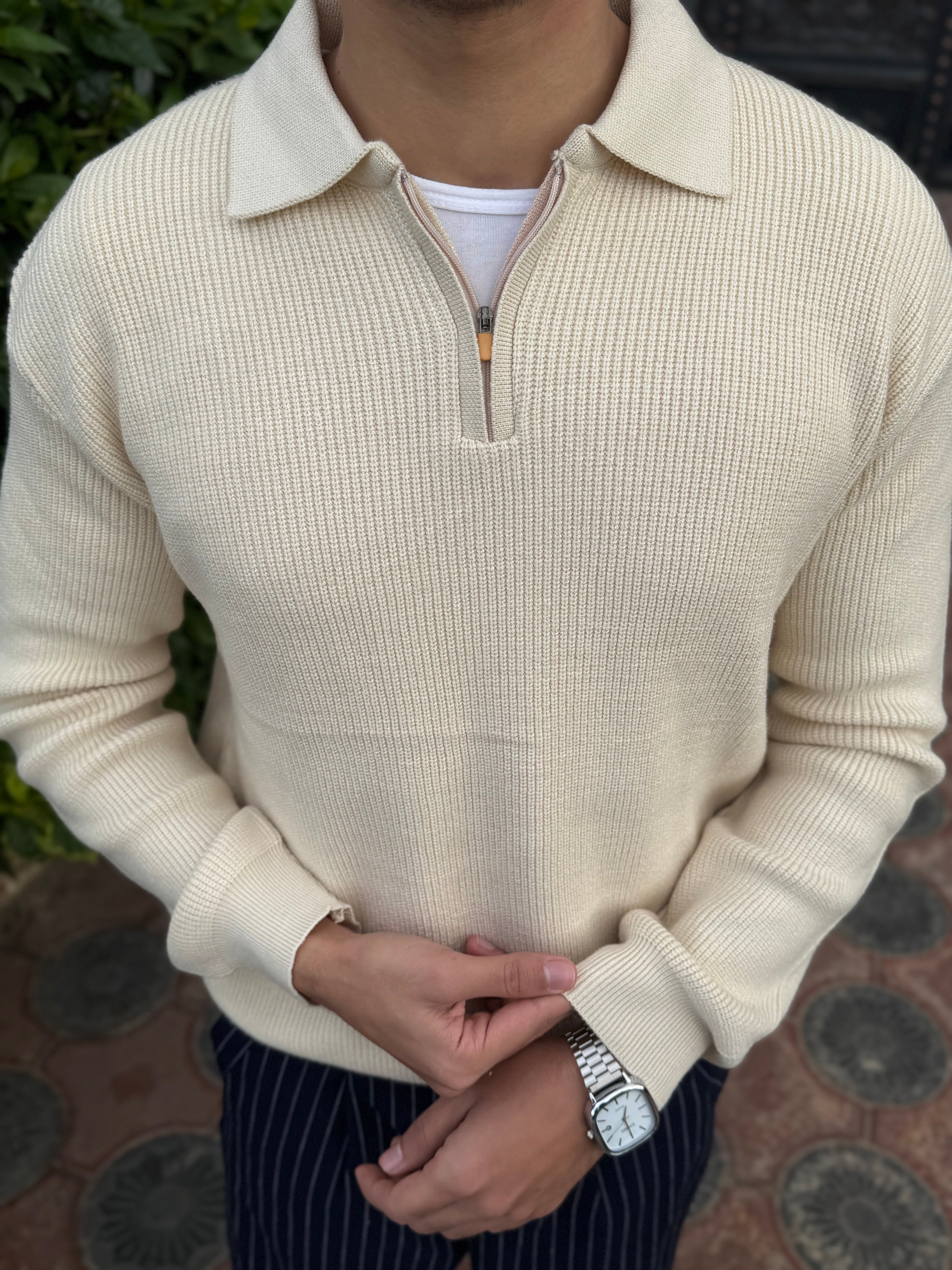 Beige knitted quarter-zip polo