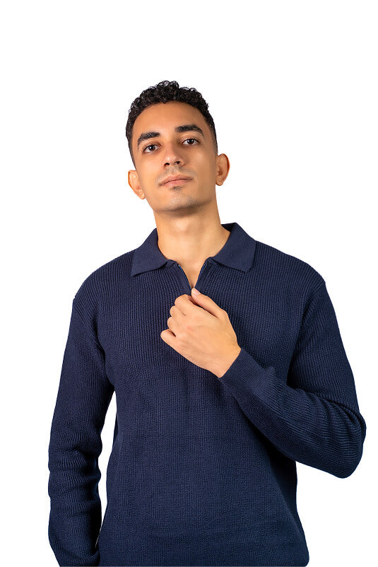 Navy knitted quarter-zip polo
