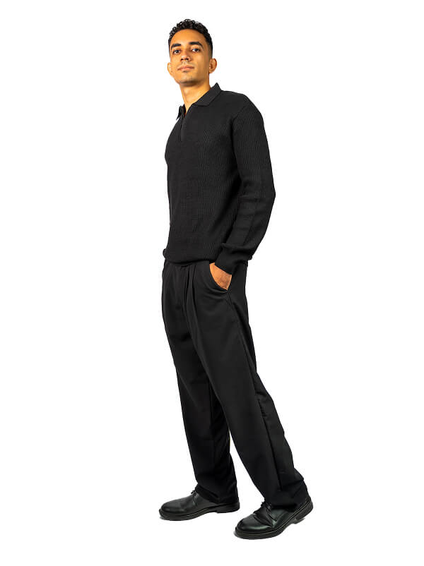 Black knitted quarter-zip polo