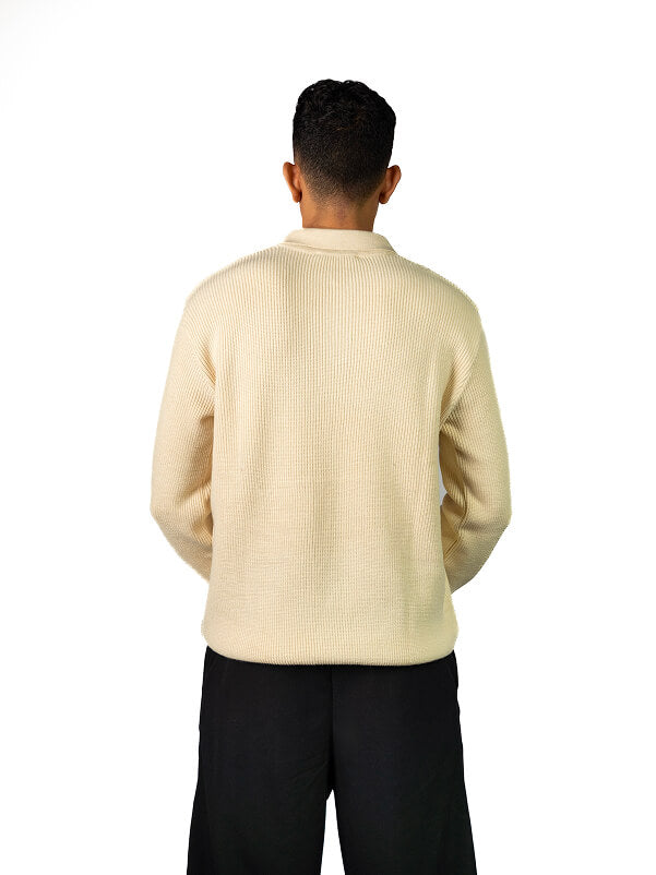 Beige knitted quarter-zip polo