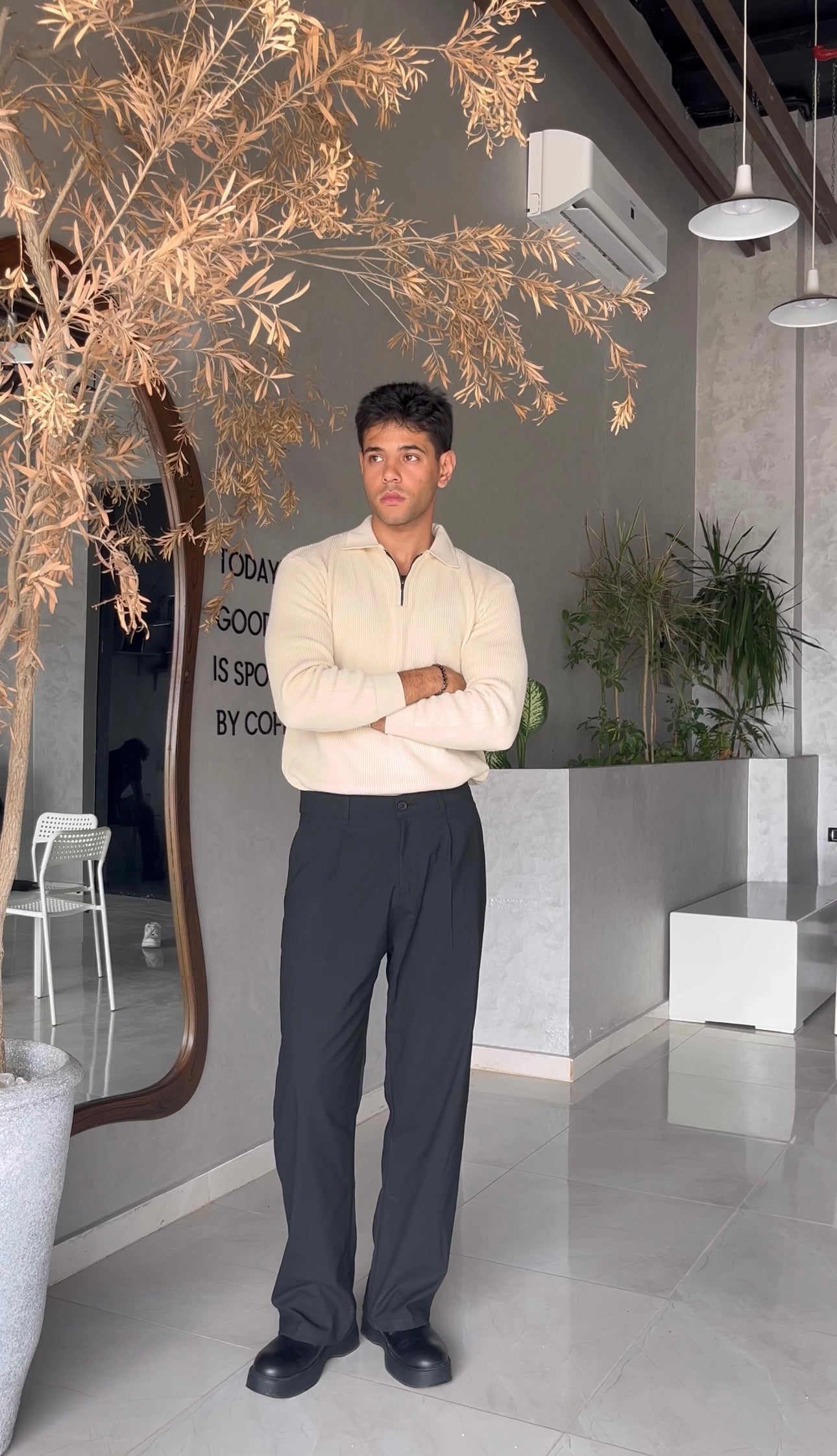 Beige knitted quarter-zip polo