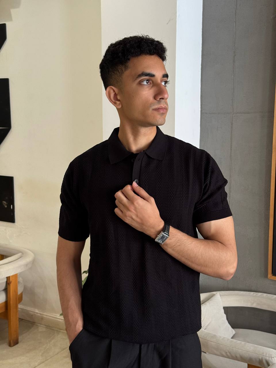 Black Textured Knit Polo Shirt