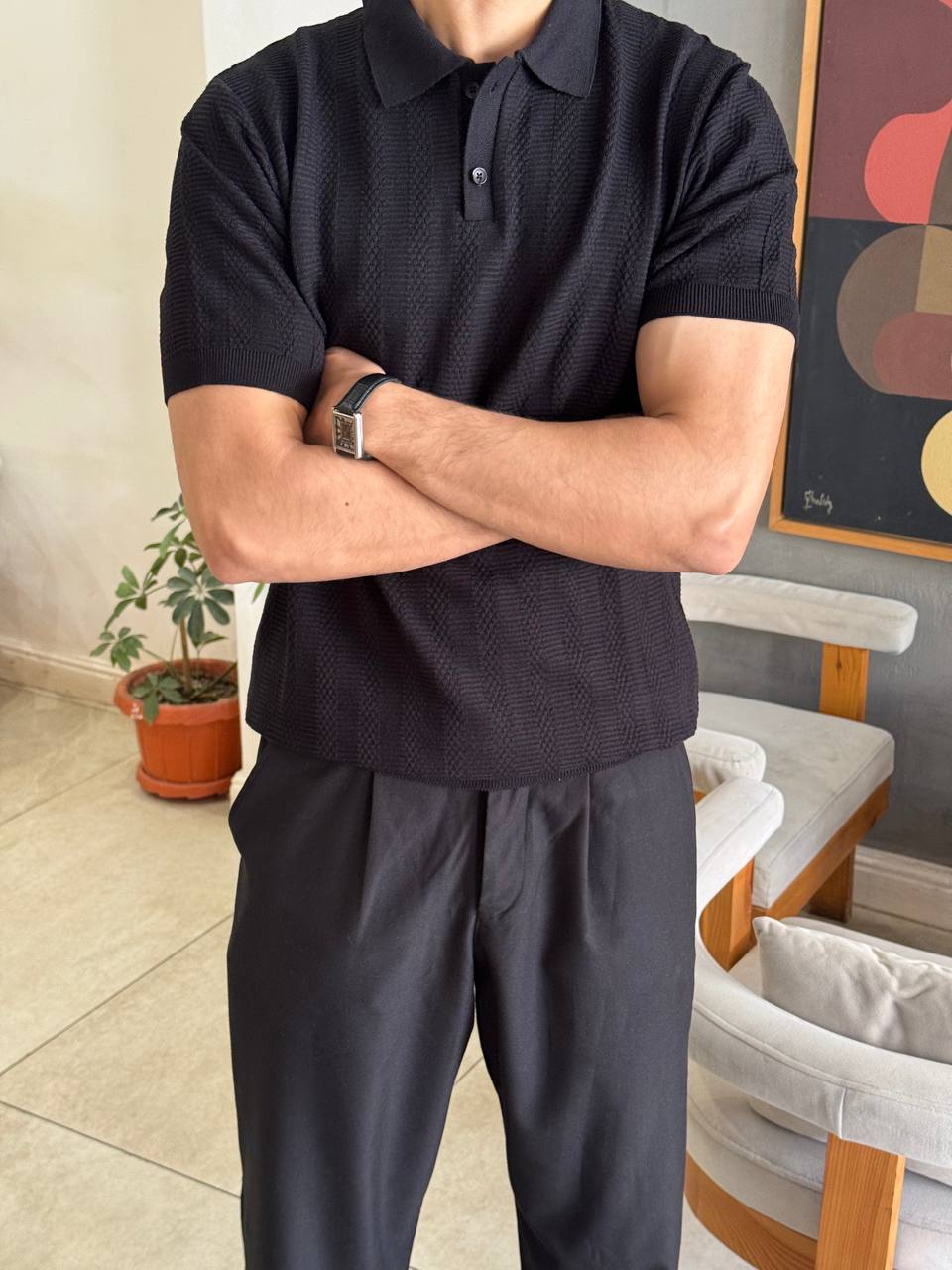 Black Textured Knit Polo Shirt