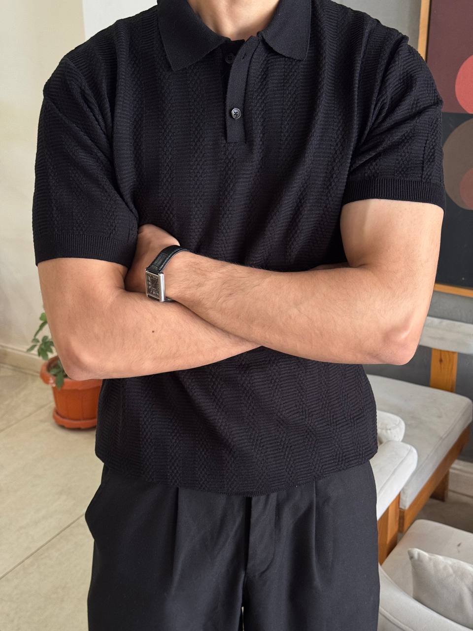 Black Textured Knit Polo Shirt