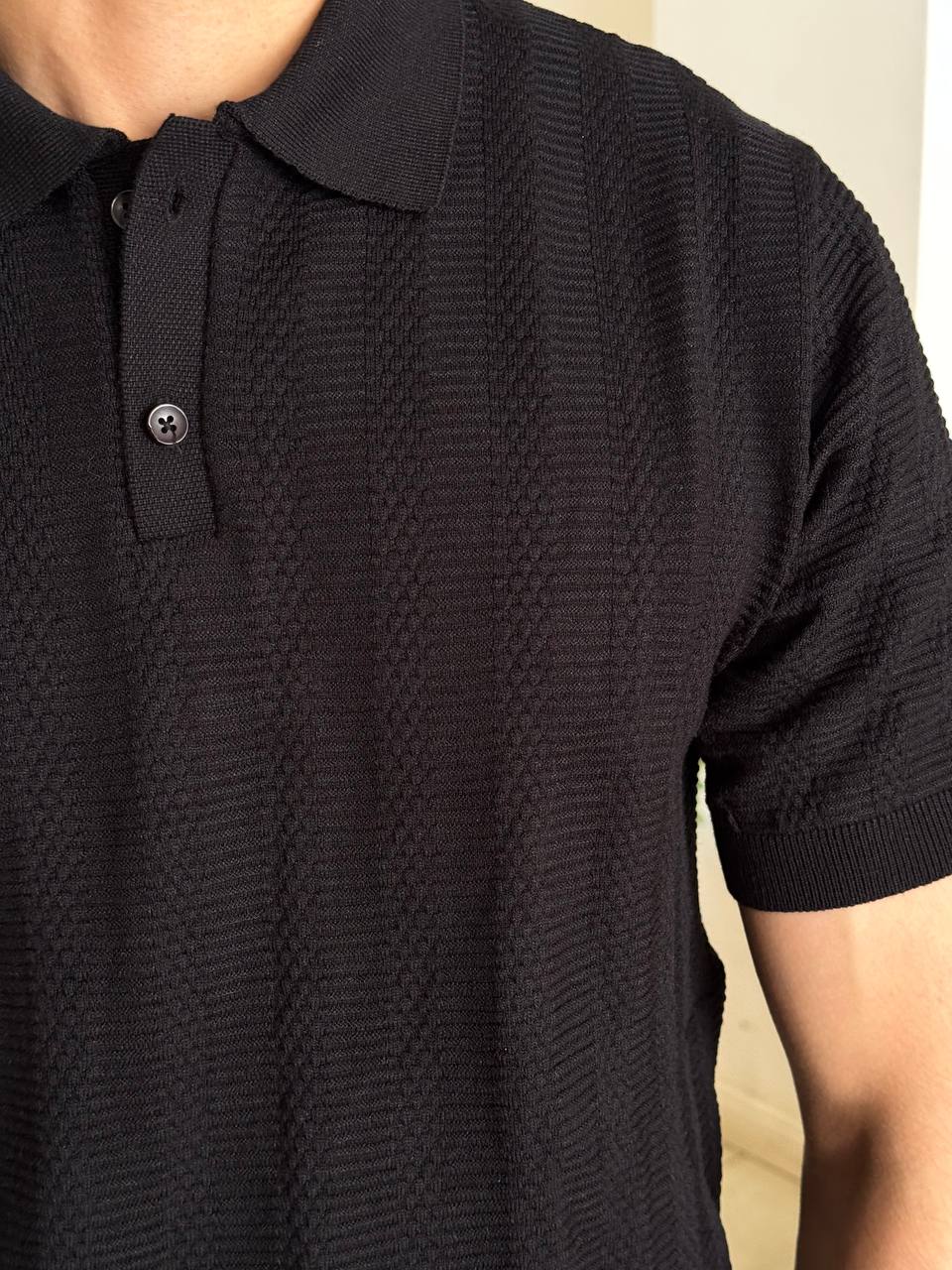 Black Textured Knit Polo Shirt