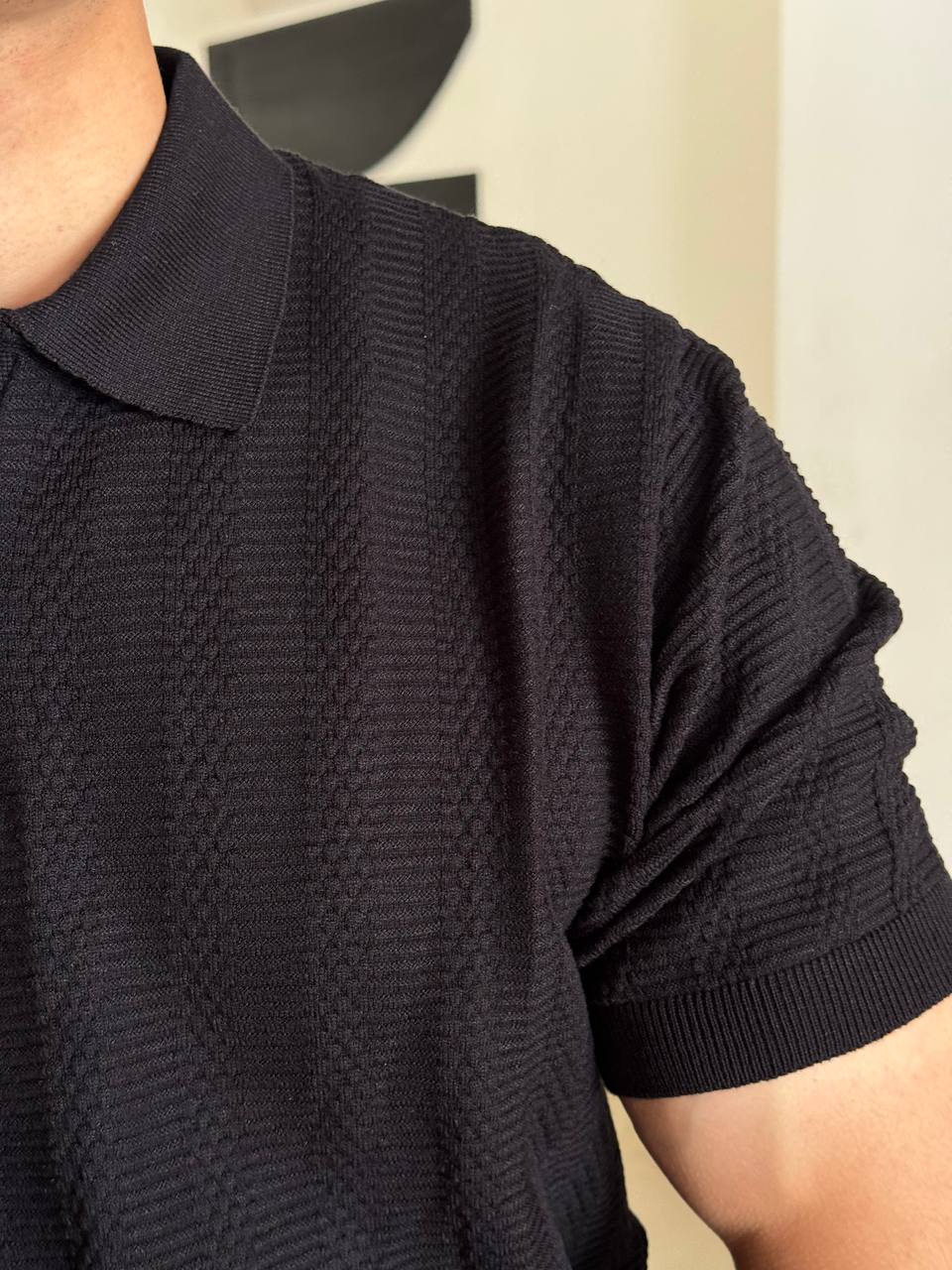 Black Textured Knit Polo Shirt