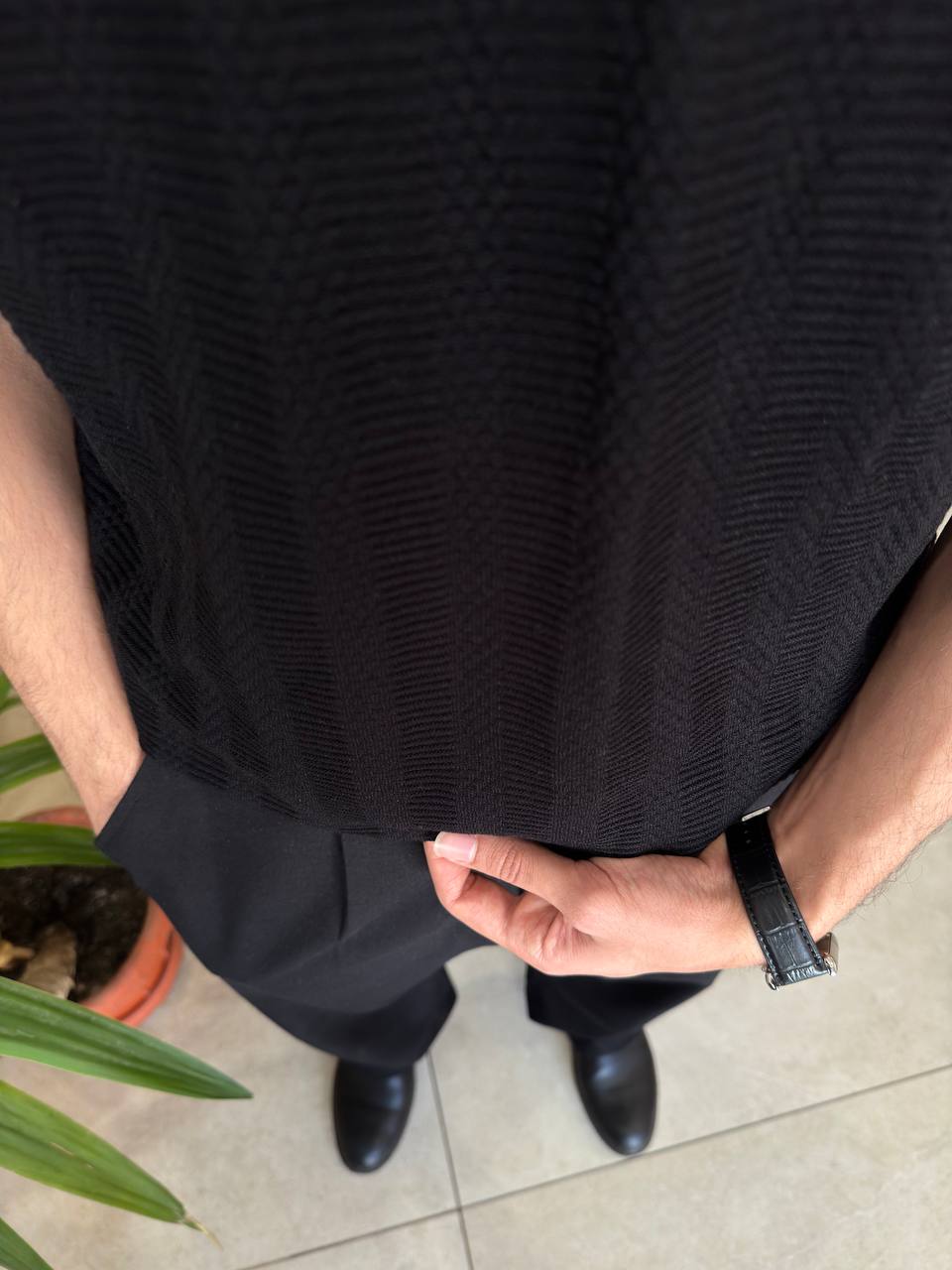 Black Textured Knit Polo Shirt