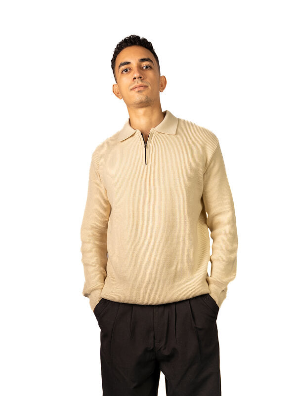 Beige knitted quarter-zip polo
