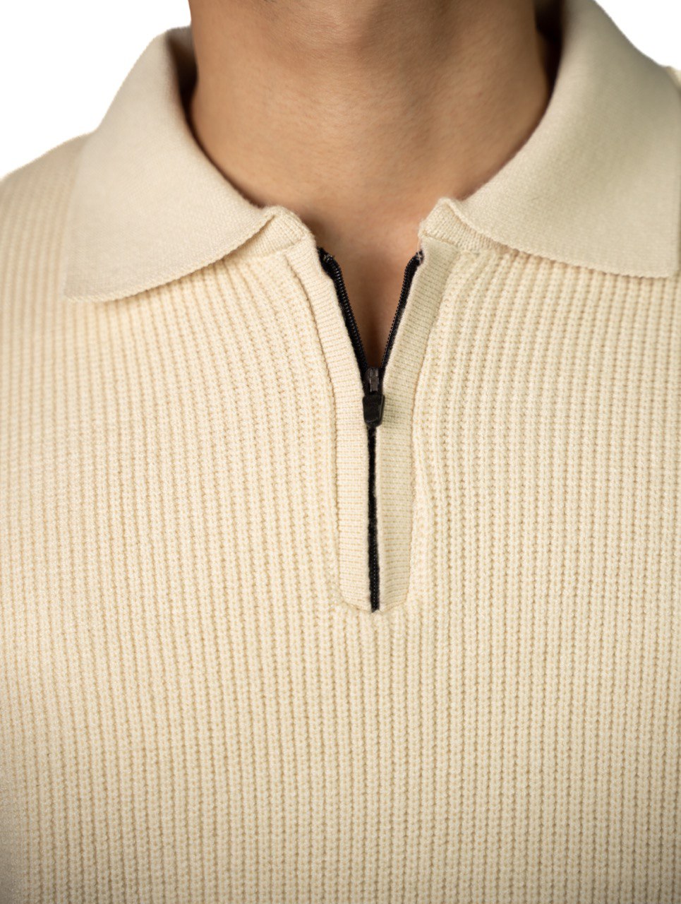 Beige knitted quarter-zip polo